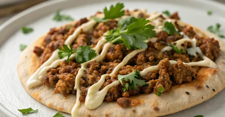 Lebanese Chicken Mince Flatbread with chicken, fresh parsley, and tahini on a white plate, captured in soft, diffused natural light