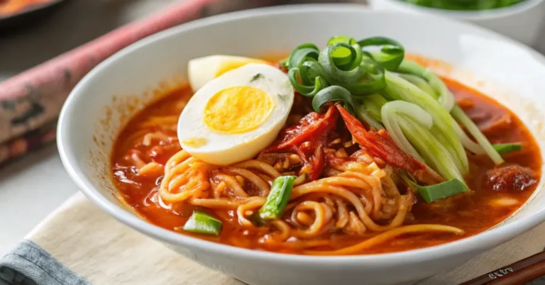 Spicy Korean Noodle Soup served in a bowl, showcasing vibrant noodles, broth, vegetables, and a soft-boiled egg, captured in natural light
