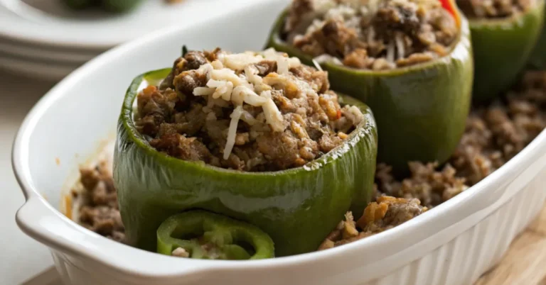 Hearty Oven-Baked Stuffed Green Peppers with Beef, Rice & Cheese served in a white ceramic dish with soft natural lighting