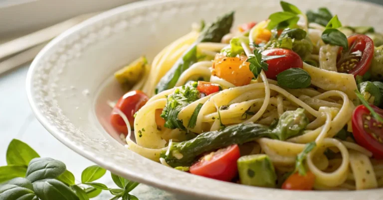 A beautifully plated Vibrant Spring Garden Pasta Delight, featuring fresh seasonal vegetables, al dente pasta, and a light lemon-infused sauce, captured with soft natural lighting