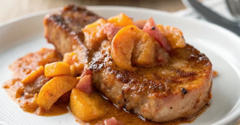 Pork Chops with Peach Sauce served in a plain white plate with a rich, golden peach glaze