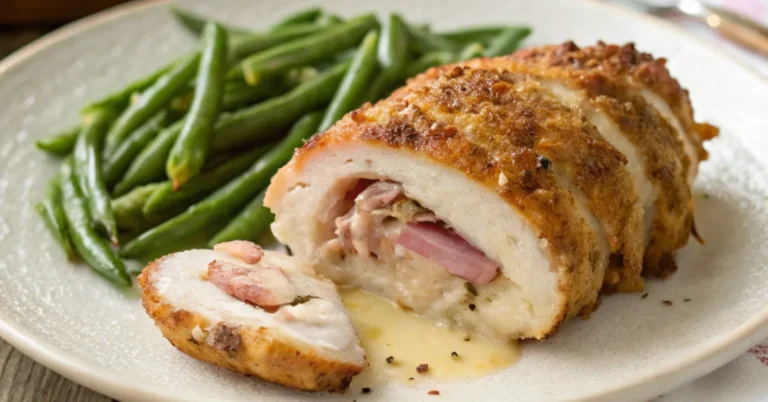 Top-down view of Hasselback Chicken Cordon Bleu on a white plate, accompanied by green beans and roasted baby potatoes