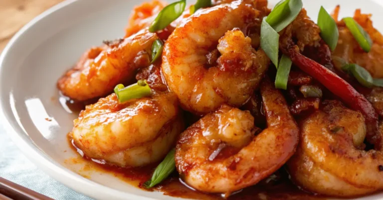 Close-up of Sweet and Sour Glazed Shrimp served in a white plate with natural lighting