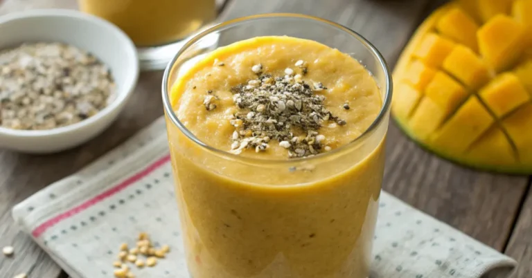 A close-up of a creamy pineapple mango oat smoothie in a clear glass, garnished with oats and chia seeds, placed on a wooden table with tropical fruit slices in the background.