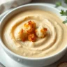 A rich and velvety bowl of Creamy Roasted Cauliflower Soup garnished with roasted cauliflower and fresh herbs, served in a white ceramic dish.