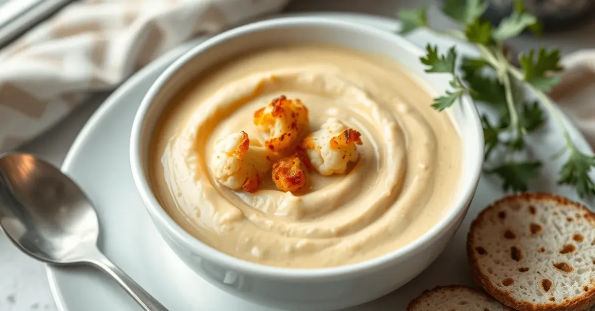 A rich and velvety bowl of Creamy Roasted Cauliflower Soup garnished with roasted cauliflower and fresh herbs, served in a white ceramic dish.