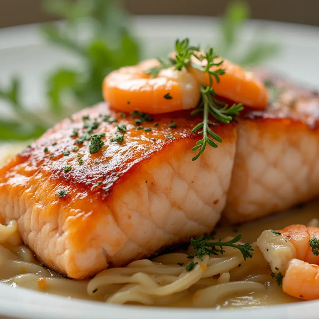 Close-up of Crab & Shrimp Stuffed Salmon served on a white plate with natural, soft lighting and rich textures.