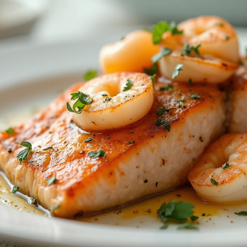 Close-up of Crab & Shrimp Stuffed Salmon served on a white plate with natural, soft lighting and rich textures.

