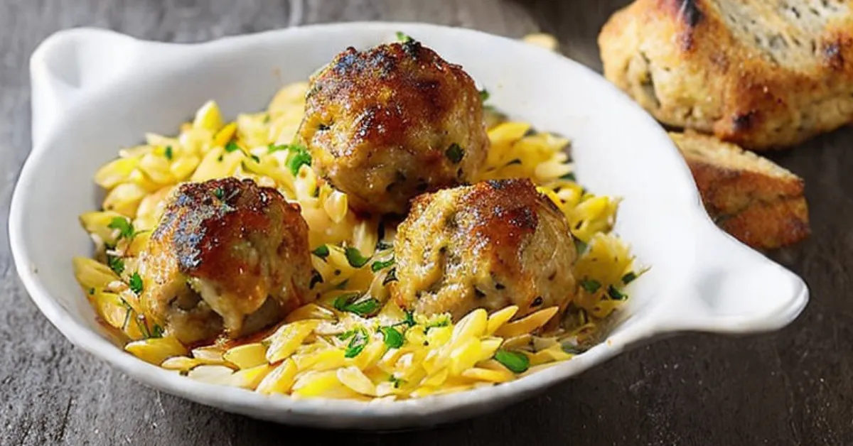 Greek Chicken Meatballs with Lemon Orzo served in a white dish with fresh herbs and feta, captured with soft natural light