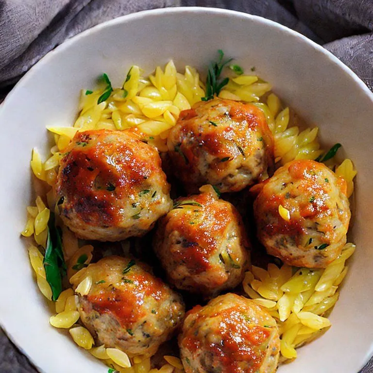 Greek Chicken Meatballs with Lemon Orzo served in a white dish with fresh herbs and feta, captured with soft natural light.
