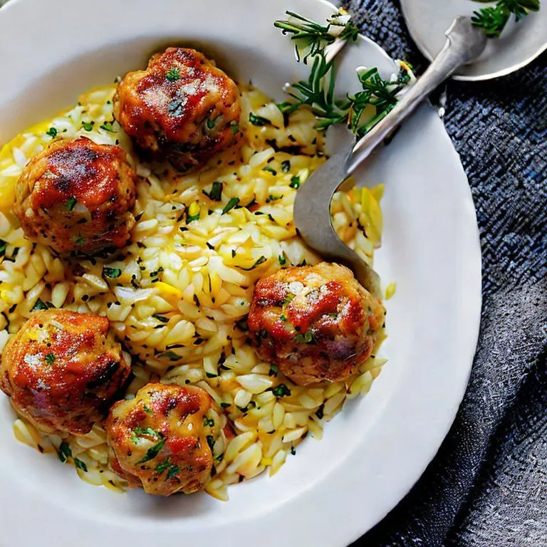 Greek Chicken Meatballs with Lemon Orzo served in a white dish with fresh herbs and feta, captured with soft natural light