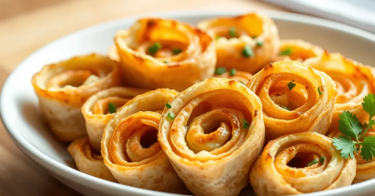 Close-up of Simple Cheesy Pinwheels served in a white dish, featuring golden-brown tortilla spirals filled with melted cheese