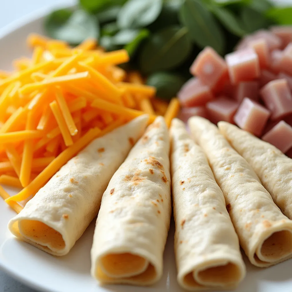 A close-up shot of fresh ingredients for Simple Cheesy Pinwheels, including cheddar cheese, mozzarella, cream cheese, flour tortillas, and seasonings, arranged on a white plate.