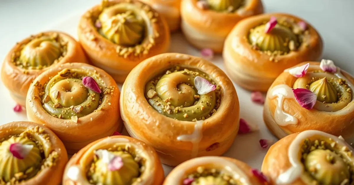 Close-up of perfect pistachio rolls with sweet glaze served in a white dish, with soft, golden-brown rolls and a glossy finish.