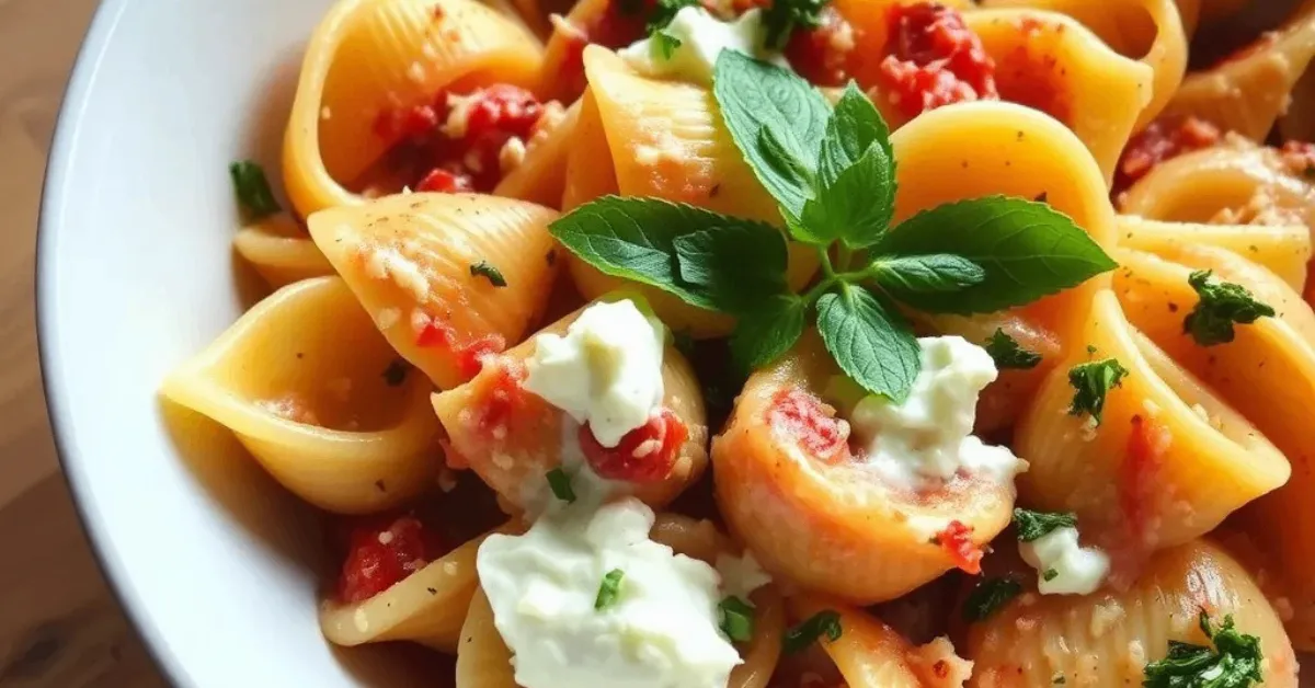 Pasta Shells with Creamy Ricotta served in a white ceramic dish with marinara sauce, mozzarella, and parmesan