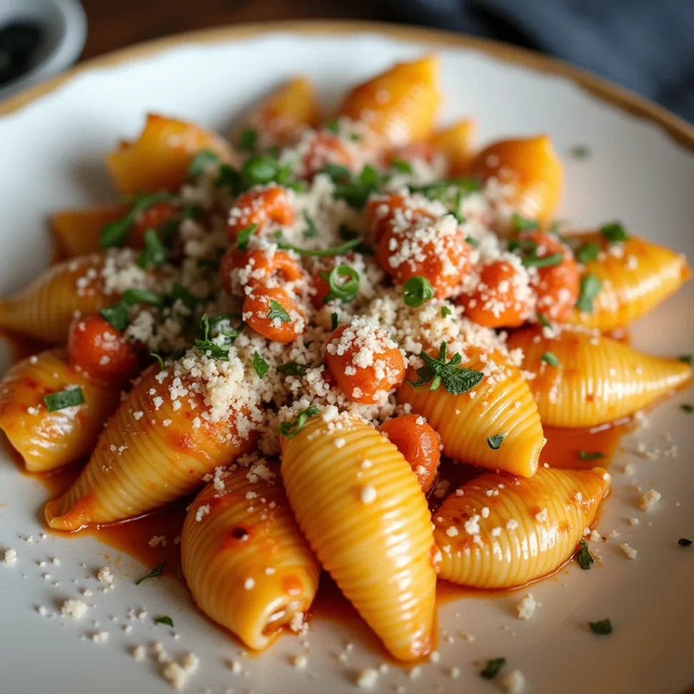 Pasta Shells with Creamy Ricotta served in a white ceramic dish with marinara sauce, mozzarella, and parmesan