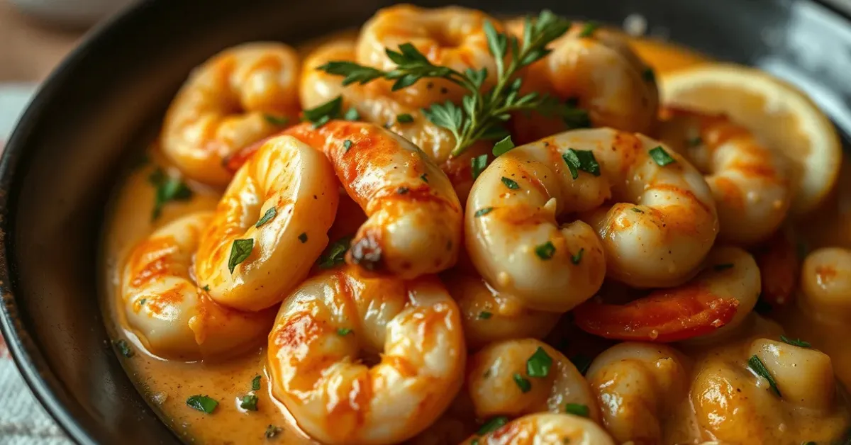 Close-up shot of creamy garlic paprika shrimp served in a white plate with soft, natural lighting.