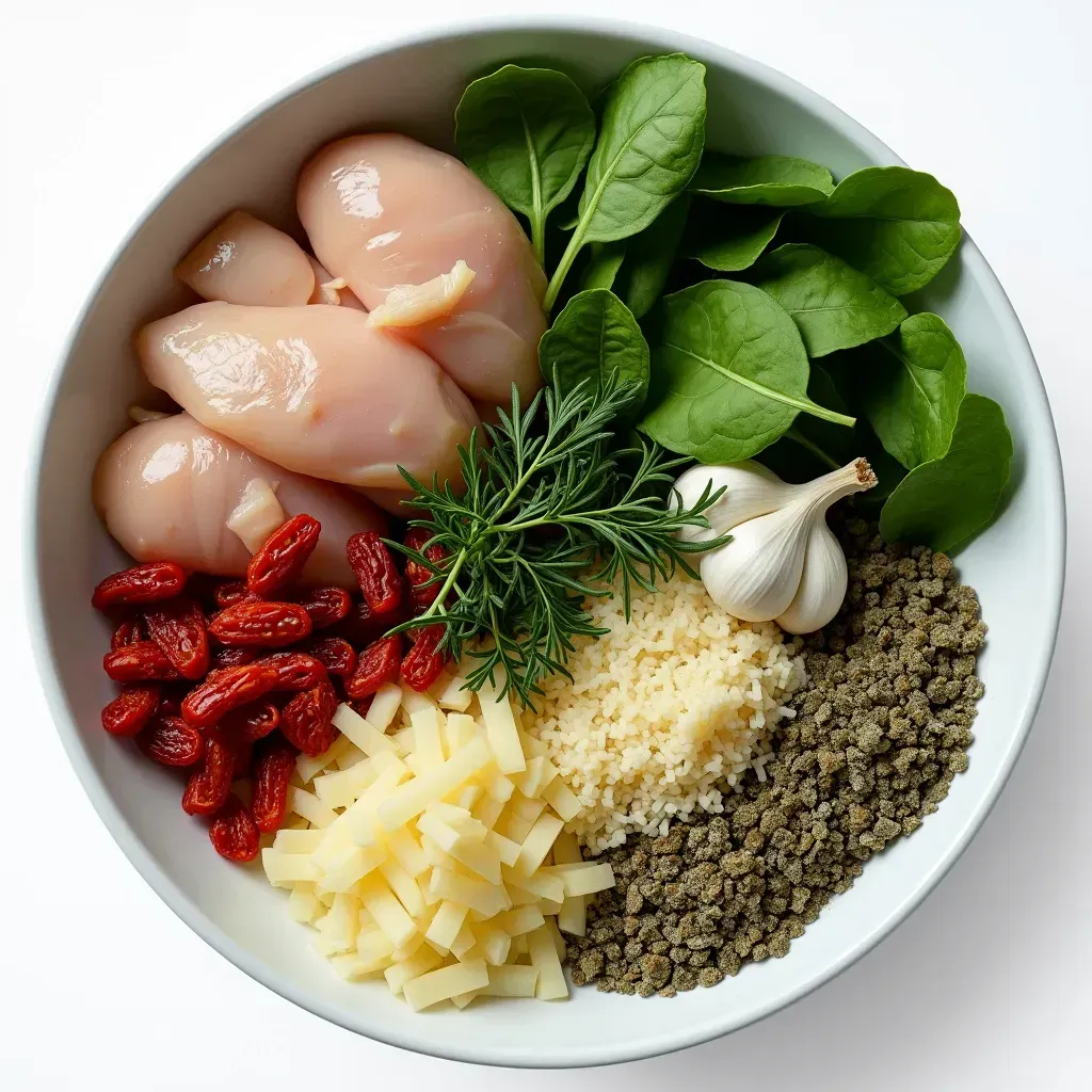 Close-up shot of Tuscan Chicken Soup ingredients including spinach, sun-dried tomatoes, chicken, garlic, and parmesan in a white bowl.