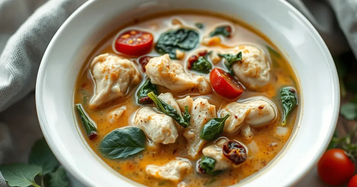 Tuscan Chicken Soup served in a white ceramic bowl with chicken, spinach, and sun-dried tomatoes, captured in soft natural lighting.