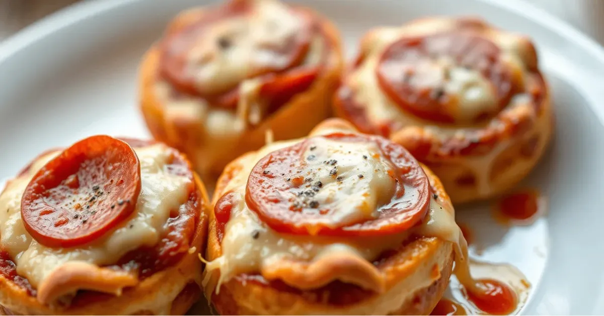 Close-up of golden-brown Pepperoni Pizza Bombs served on a white plate, featuring melted cheese and crispy edges.