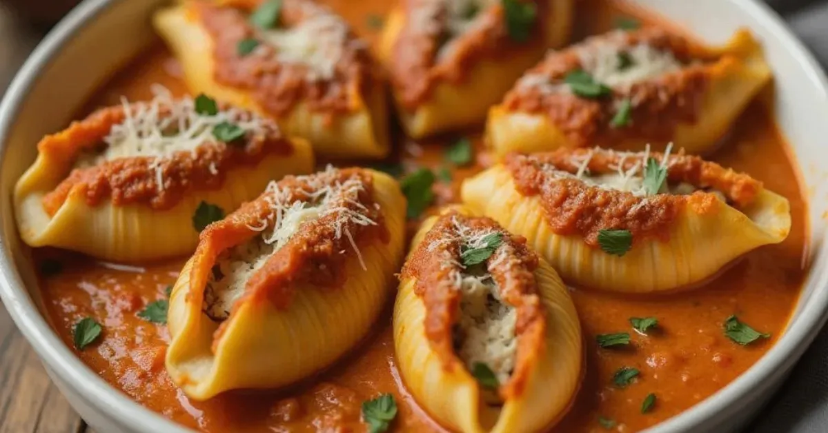 Ultra-realistic close-up of Creamy Spicy Unstuffed Shells with Fluffy Ricotta served in a white ceramic dish, showcasing rich textures and vibrant colors