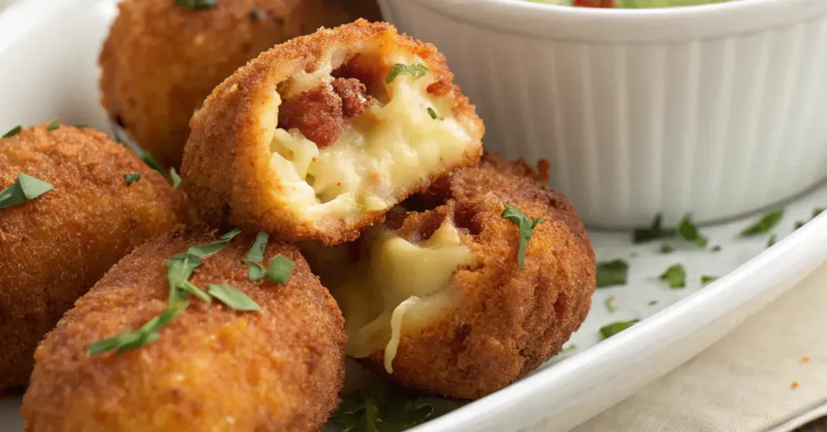 Chorizo, Cheese, and Potato Croquettes served with avocado aioli in a white dish, featuring a crispy golden crust and gooey cheese filling.