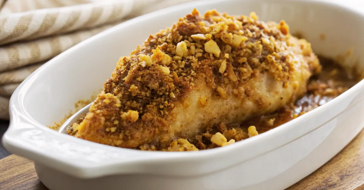 Close-up, overhead view of Crunchy Maple Dijon Chicken showing its crispy texture and golden glaze, captured in soft natural light.