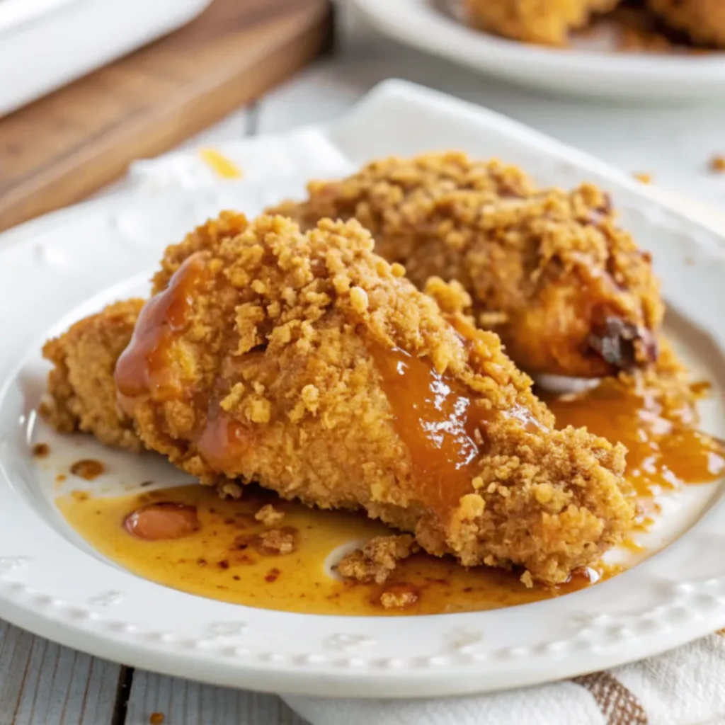 Close-up, overhead view of Crunchy Maple Dijon Chicken showing its crispy texture and golden glaze, captured in soft natural light