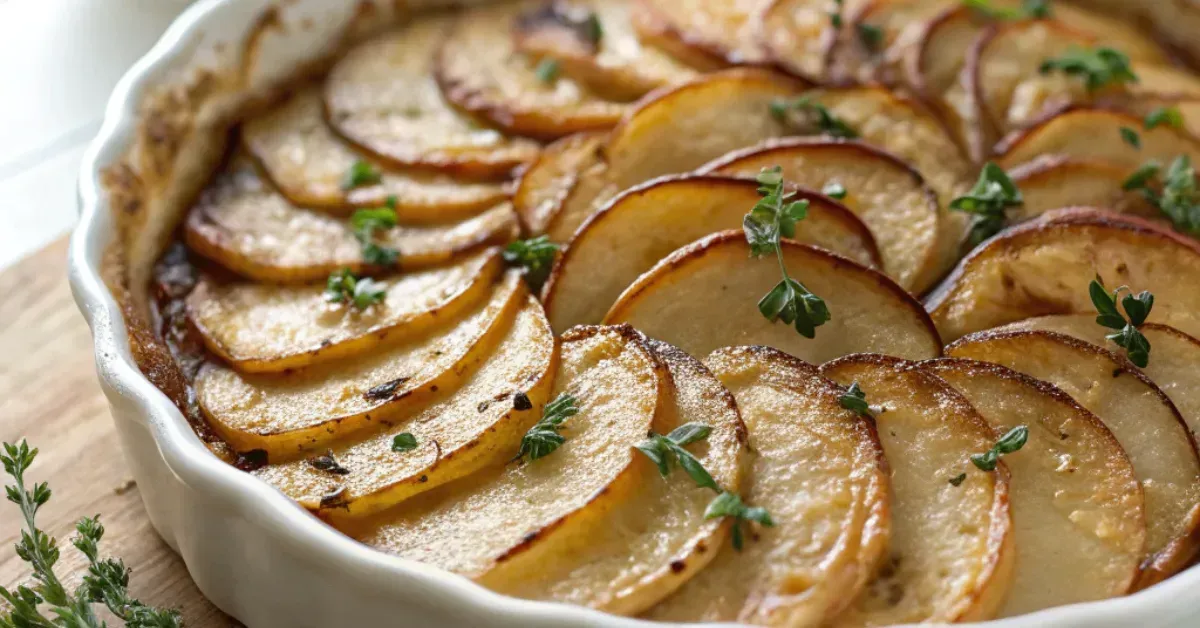 A top-down view of Crispy Balsamic Thyme Potato Torte in a white ceramic dish, featuring golden-brown, thinly layered potatoes arranged in a circular pattern with balsamic glaze and fresh thyme.