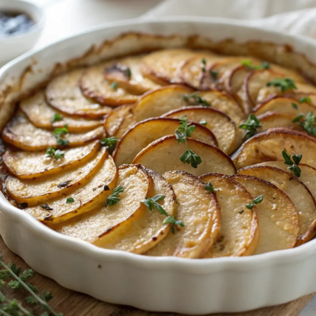 A top-down view of Crispy Balsamic Thyme Potato Torte in a white ceramic dish, featuring golden-brown, thinly layered potatoes arranged in a circular pattern with balsamic glaze and fresh thyme.