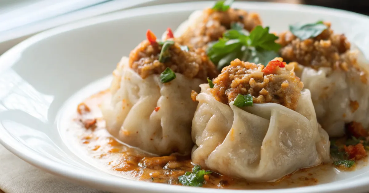 Kanom Jeeb Thai dumplings served in a white plate with soft natural lighting