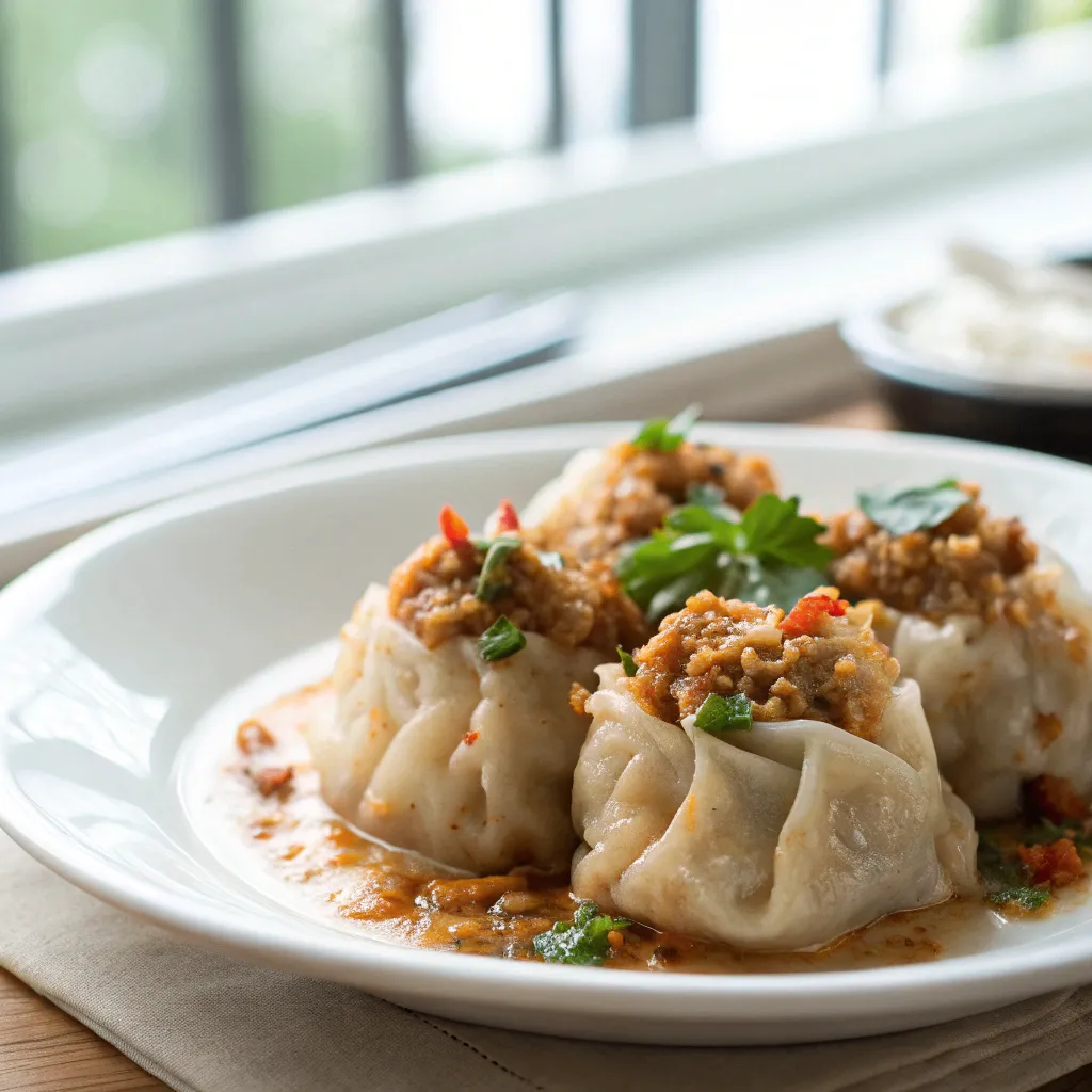 Kanom Jeeb Thai dumplings served in a white plate with soft natural lighting