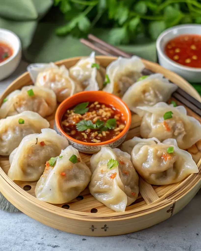 Kanom Jeeb Thai dumplings served in a white plate with soft natural lighting