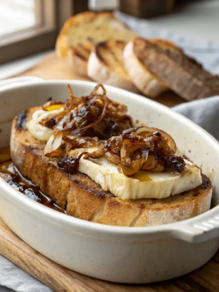 Close-up of Caramelized Onion and Brie Toast served on a rustic white plate with golden, melted Brie and caramelized onions