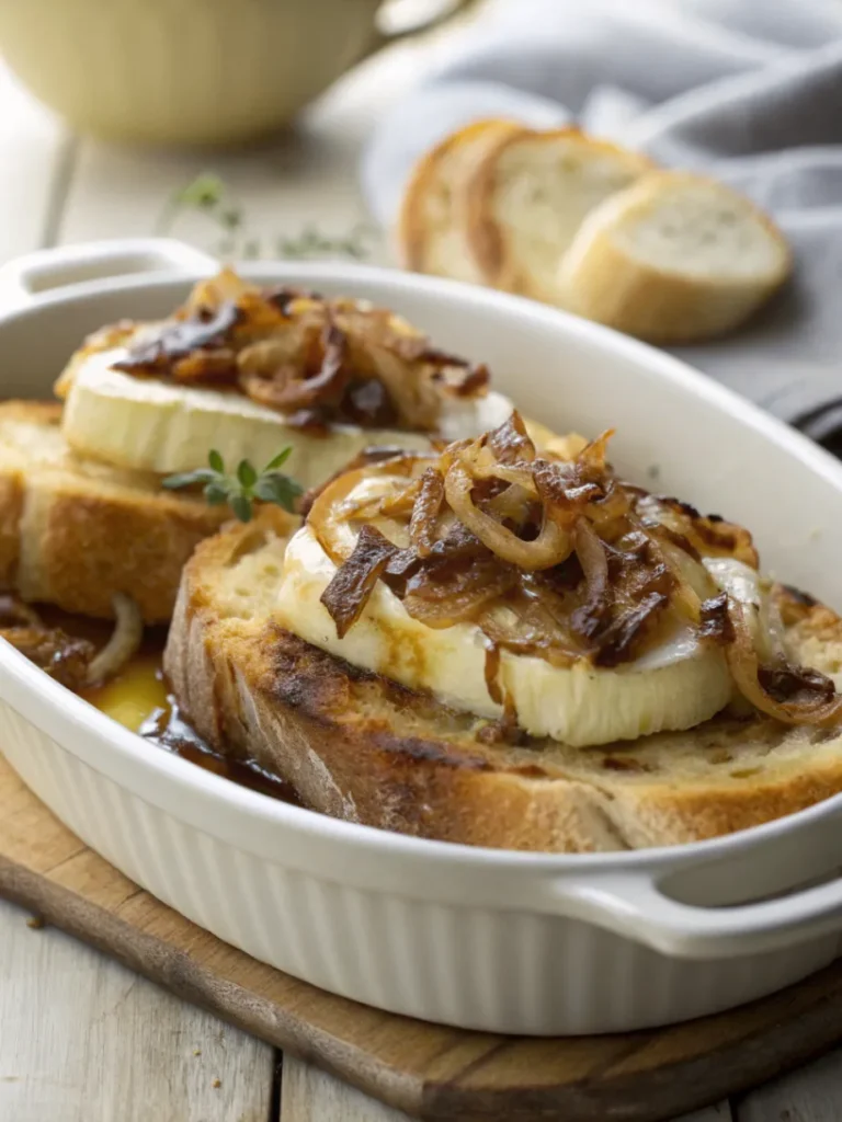 Close-up of Caramelized Onion and Brie Toast served on a rustic white plate with golden, melted Brie and caramelized onions