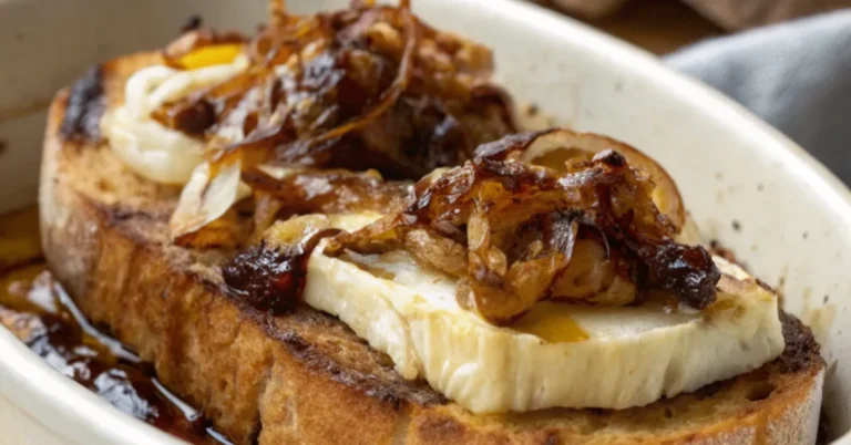 Close-up of Caramelized Onion and Brie Toast served on a rustic white plate with golden, melted Brie and caramelized onions