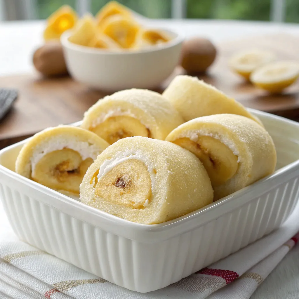 Sweet Mochi Rolls with Banana Filling served in a white ceramic dish, captured in natural light for an authentic, realistic food photography look
