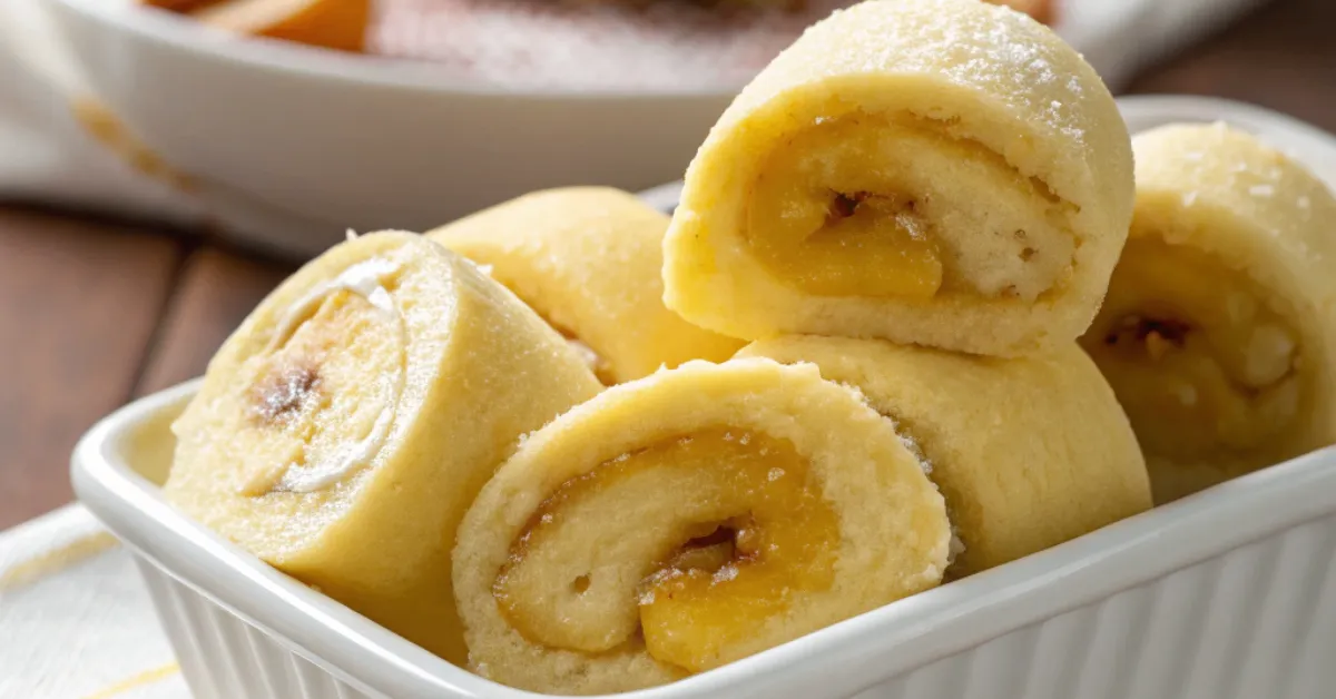 Sweet Mochi Rolls with Banana Filling served in a white ceramic dish, captured in natural light for an authentic, realistic food photography look.