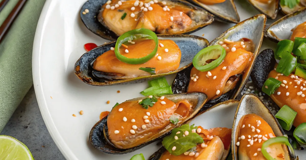 Japanese Dynamite Mussels topped with creamy Sriracha sauce, garnished with green onions, sesame seeds, and chili oil, served on a white plate