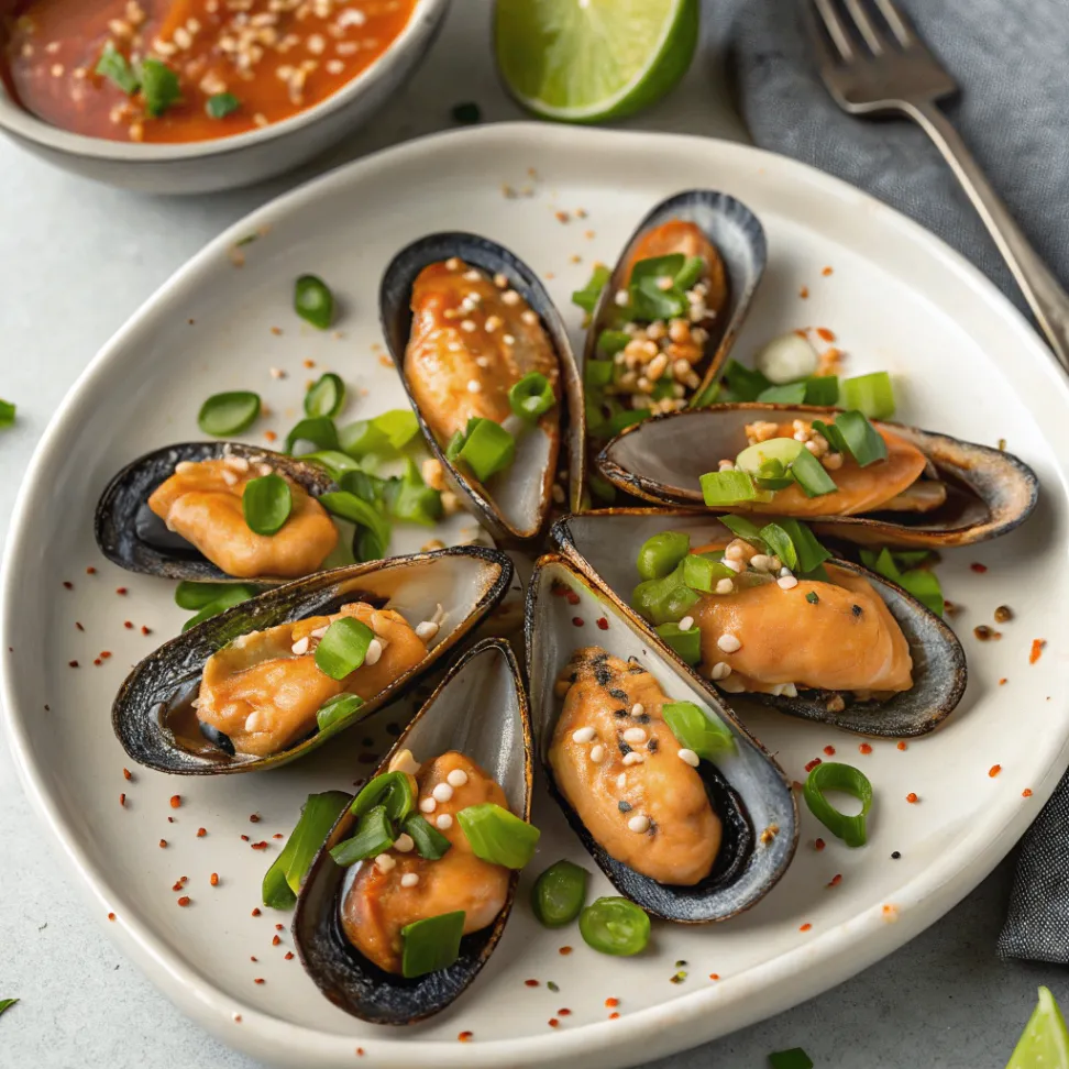 Japanese Dynamite Mussels topped with creamy Sriracha sauce, garnished with green onions, sesame seeds, and chili oil, served on a white plate