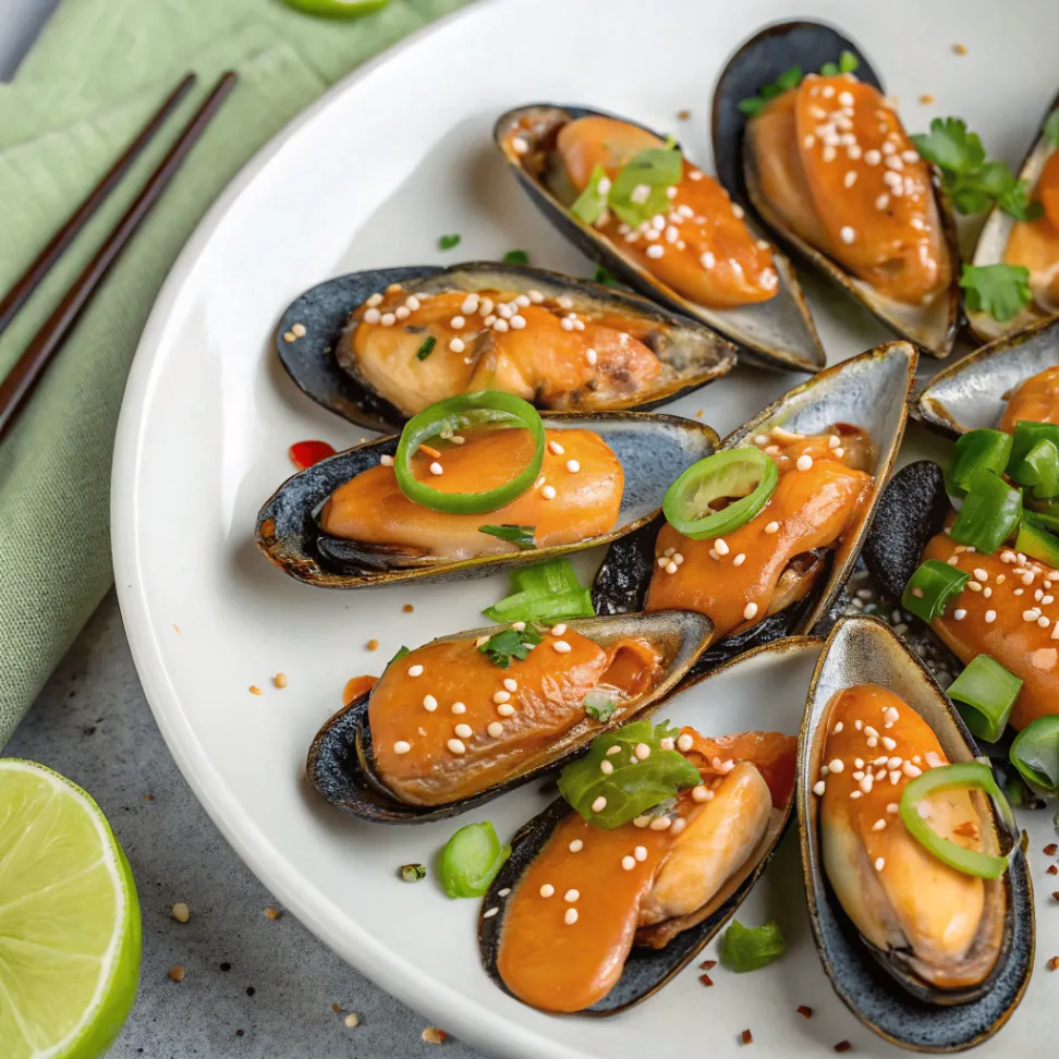 Japanese Dynamite Mussels topped with creamy Sriracha sauce, garnished with green onions, sesame seeds, and chili oil, served on a white plate