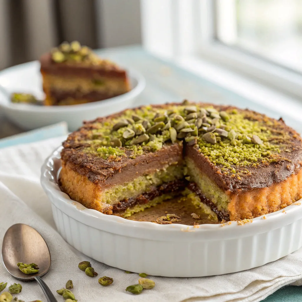 A close-up shot of Chocolate Pistachio Kunafa Cake with golden crispy layers, melted chocolate, and chopped pistachios, served in a white ceramic plate.