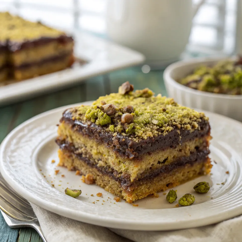 A close-up shot of Chocolate Pistachio Kunafa Cake with golden crispy layers, melted chocolate, and chopped pistachios, served in a white ceramic plate.