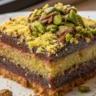 A close-up shot of Chocolate Pistachio Kunafa Cake with golden crispy layers, melted chocolate, and chopped pistachios, served in a white ceramic plate.