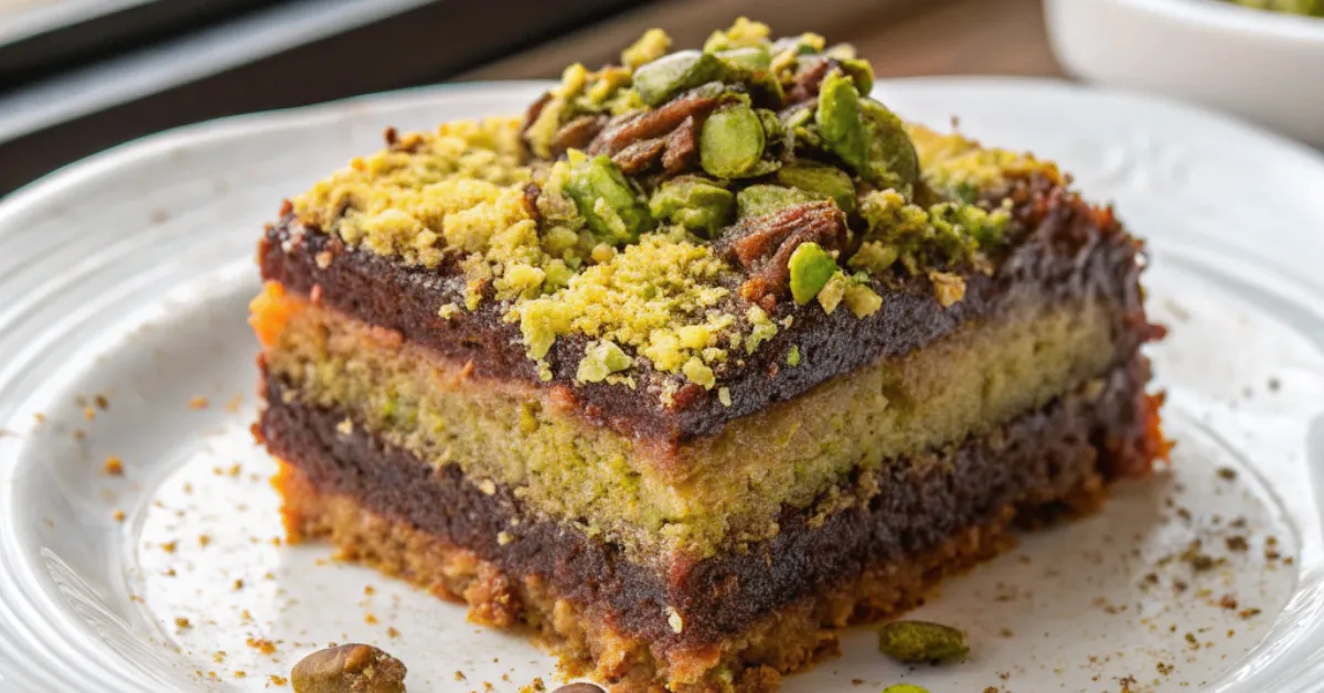 A close-up shot of Chocolate Pistachio Kunafa Cake with golden crispy layers, melted chocolate, and chopped pistachios, served in a white ceramic plate.