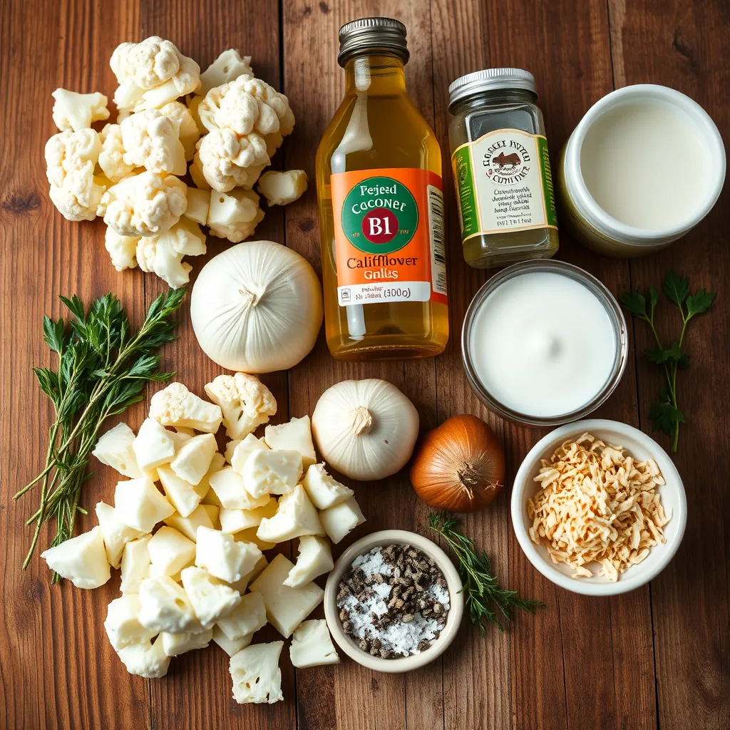 Ingredients for creamy roasted cauliflower soup, including chopped cauliflower, garlic, onion, vegetable broth, and spices, beautifully arranged in natural lighting.

