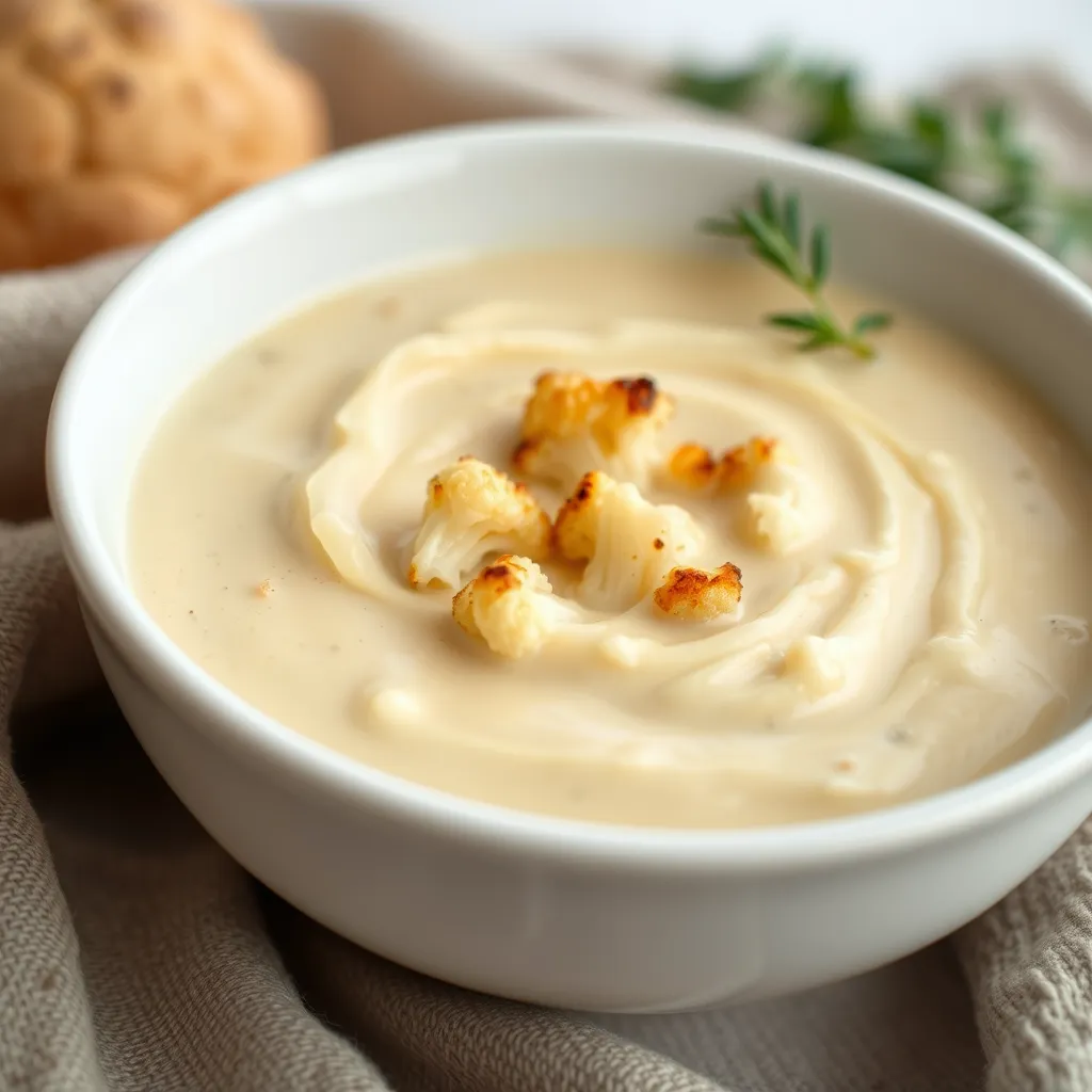 A rich and velvety bowl of Creamy Roasted Cauliflower Soup garnished with roasted cauliflower and fresh herbs, served in a white ceramic dish.

