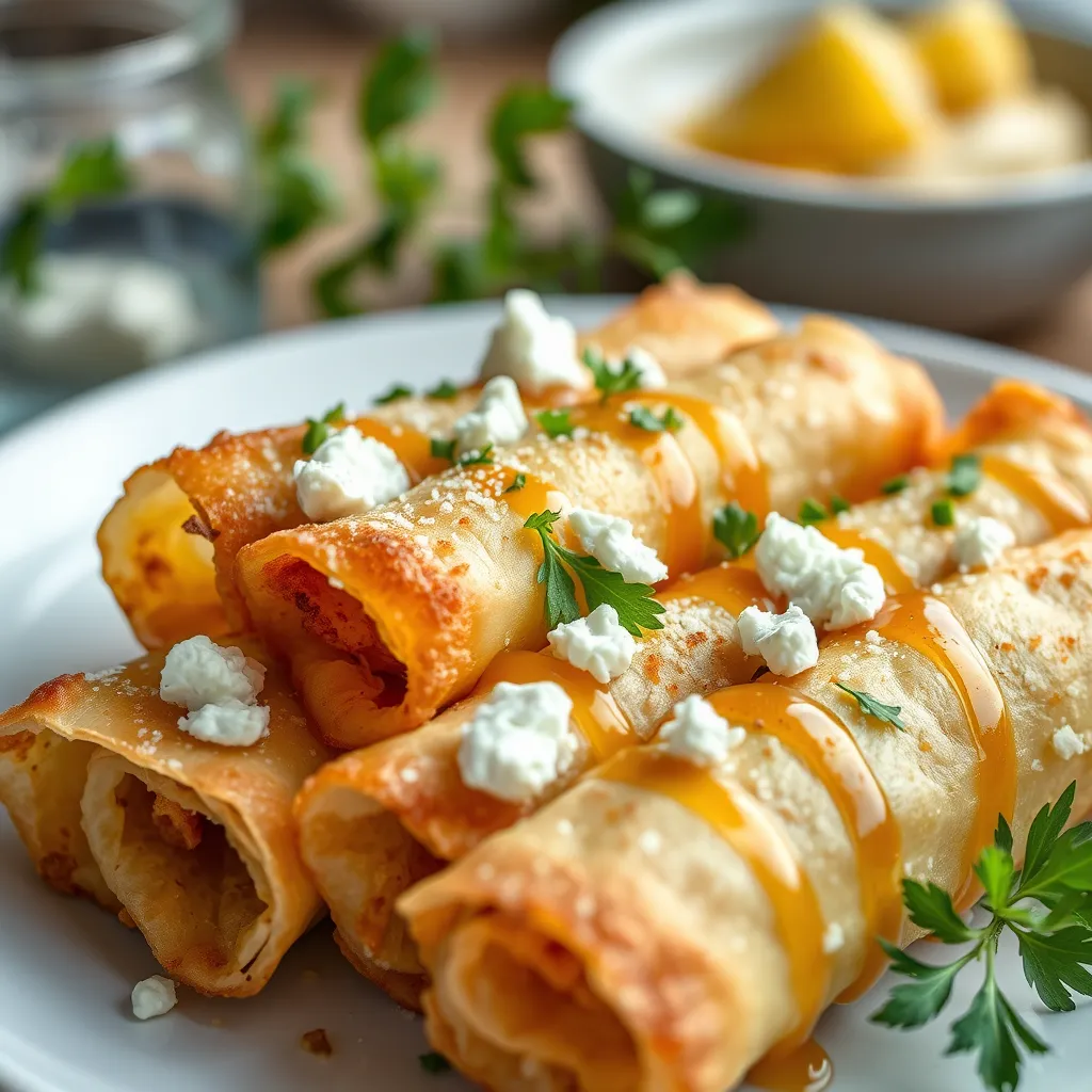 A close-up shot of crispy phyllo rolls filled with feta cheese and topped with hot honey drizzle, served in a white dish with natural, soft daylight.

