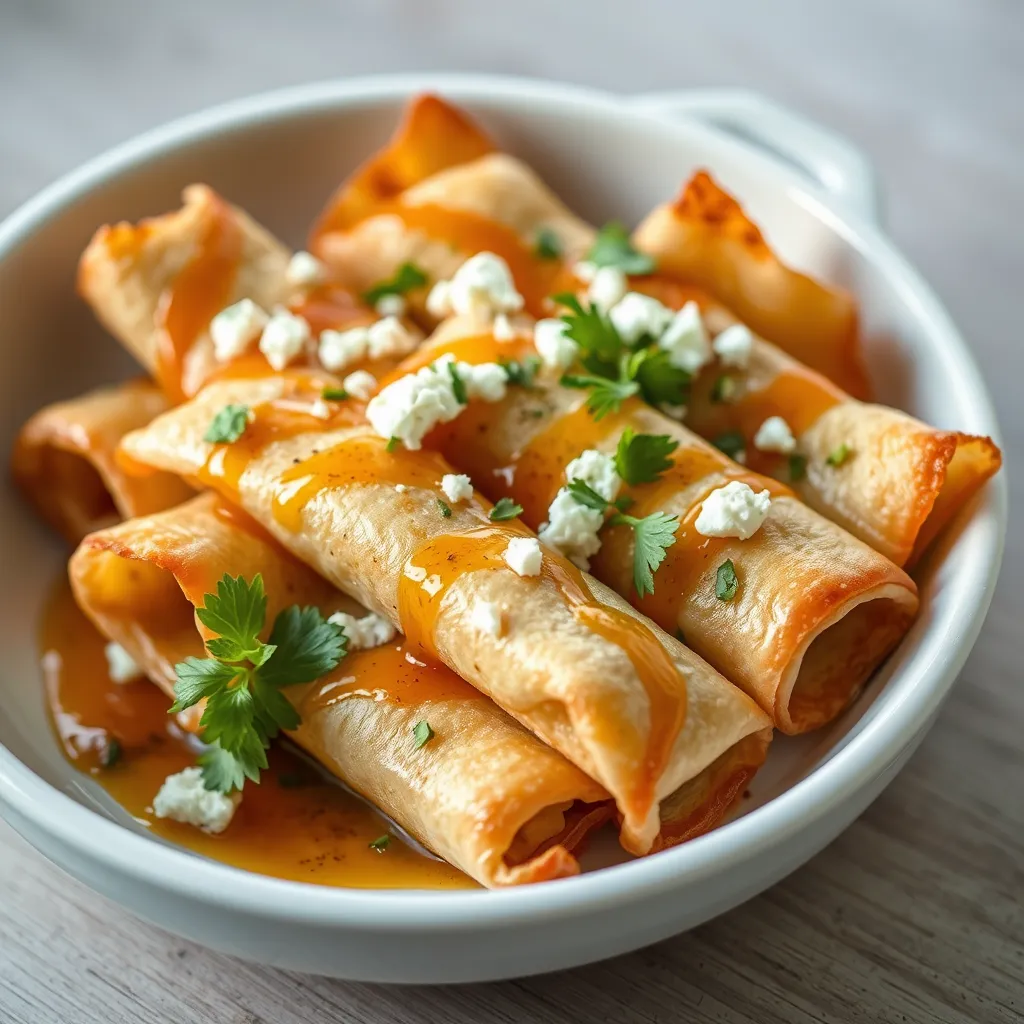 A close-up shot of crispy phyllo rolls filled with feta cheese and topped with hot honey drizzle, served in a white dish with natural, soft daylight.

