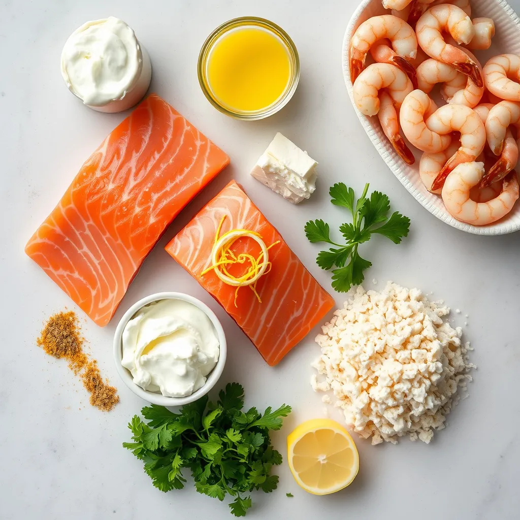 Close-up shot of fresh ingredients for Crab & Shrimp Stuffed Salmon, including salmon, crab meat, shrimp, cream cheese, Parmesan cheese, Old Bay seasoning, and lemon zest